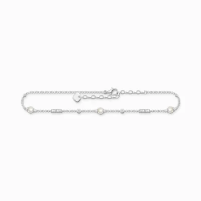 THOMAS SABO Ankelkedjor | Återvunnet 925 silver<ANKELKEDJA MED P&AUML;RLOR OCH VITA STENAR SILVER silverfargad, vit