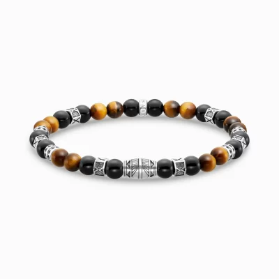 THOMAS SABO Armband | Återvunnet 925 silver<ARMBAND MED SVARTA ONYX BEADS OCH TIGER&OUML;GA BEADS SILVER silverfargad, brun, svart