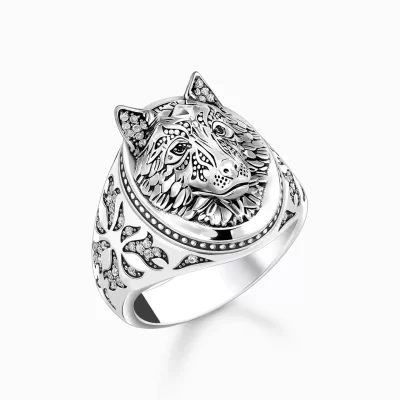 THOMAS SABO Ringar | Ringar<KLACKRING VARG MED STENAR, SV&AUML;RTAT SILVER silverfargad, vit, svart