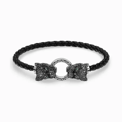 THOMAS SABO Armband | Återvunnet 925 silver<L&AUML;DERARMBAND BLACK CAT svart, silverfargad, grön