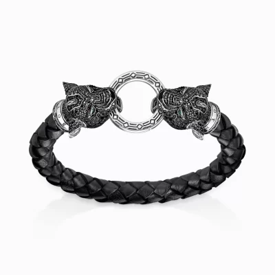 THOMAS SABO Armband | Återvunnet 925 silver<L&AUML;DERARMBAND BLACK CAT grön, svart, silverfargad