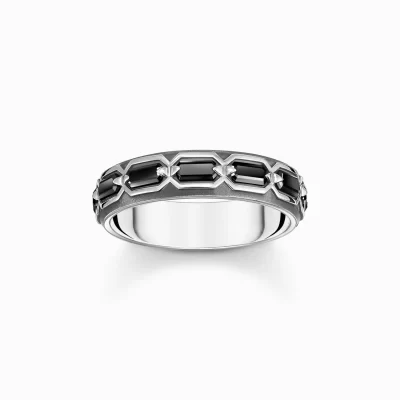 THOMAS SABO Ringar | Återvunnet 925 silver<RING – KROKODILFJ&AUML;LL MED SVARTA STENAR – SV&AUML;RTAT SILVER silverfargad, svart