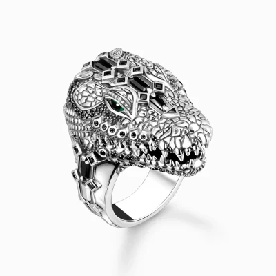 THOMAS SABO Ringar | Återvunnet 925 silver<RING – KROKODILHUVUD MED SVARTA OCH GR&OUML;NA STENAR – SV&AUML;RTAT SILVER silverfargad, grön, svart